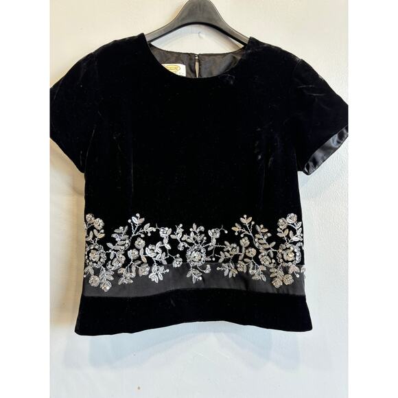 Talbots Black Velvet Top Blouse Womens Peties 6 Embellished Silk Blend Vintage - Picture 1 of 6